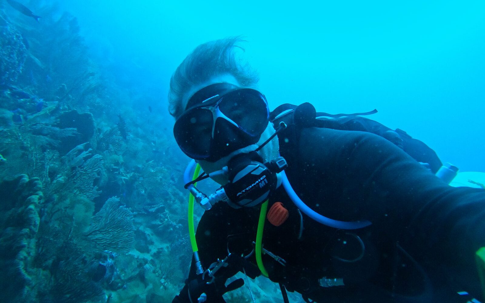 Instructor guiando una exploración de naufragio junto a un grupo de buzos