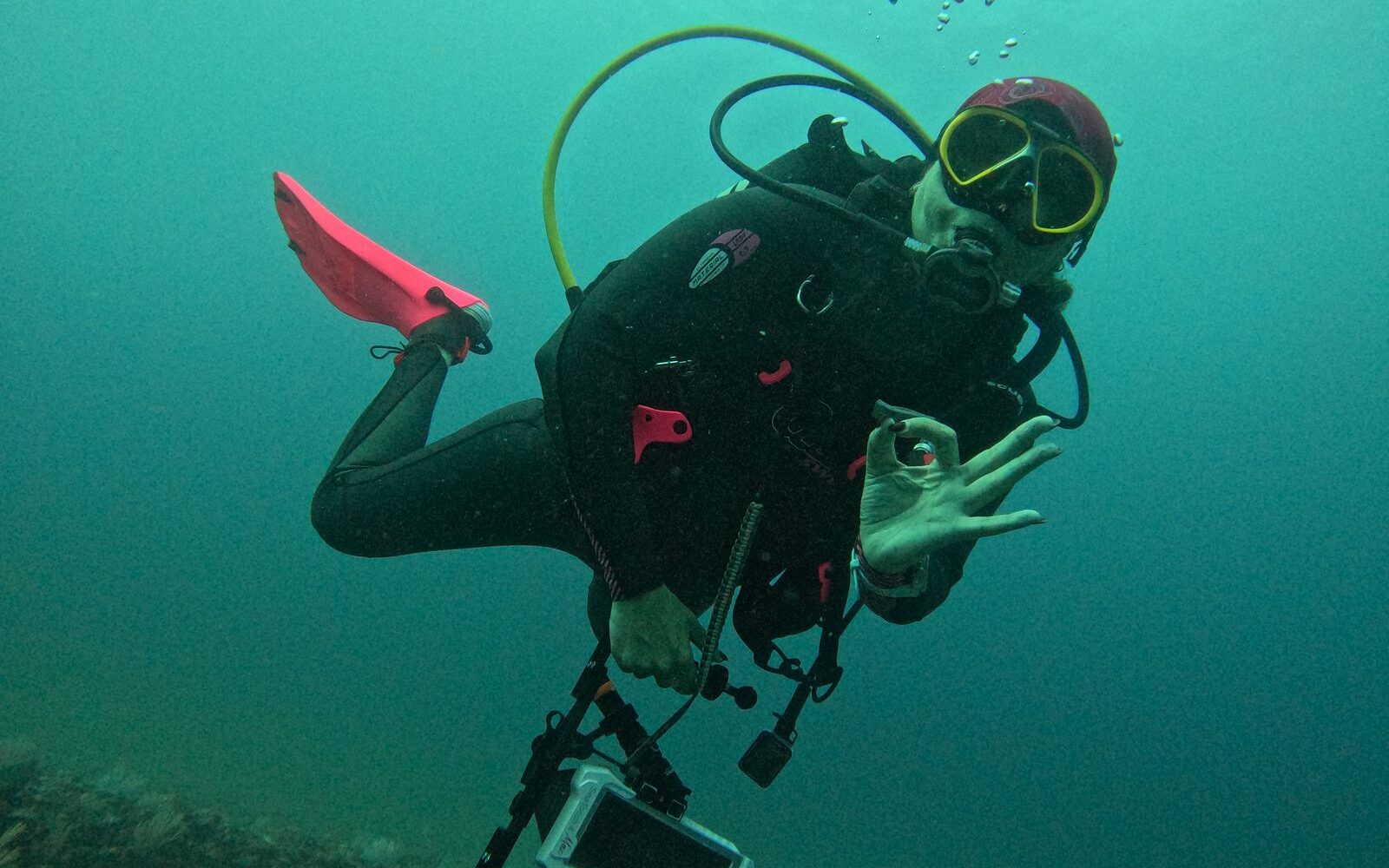 Buzos recogiendo basura marina durante una inmersión de conservación, especialidad Project AWARE