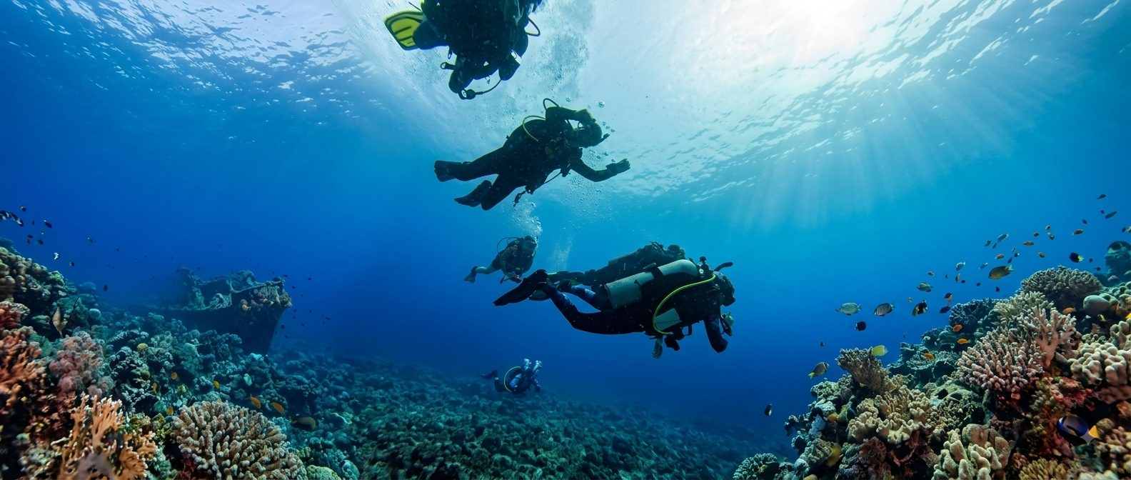 Buzo revisando y ajustando su equipo de buceo, especialidad Especialista en Equipo